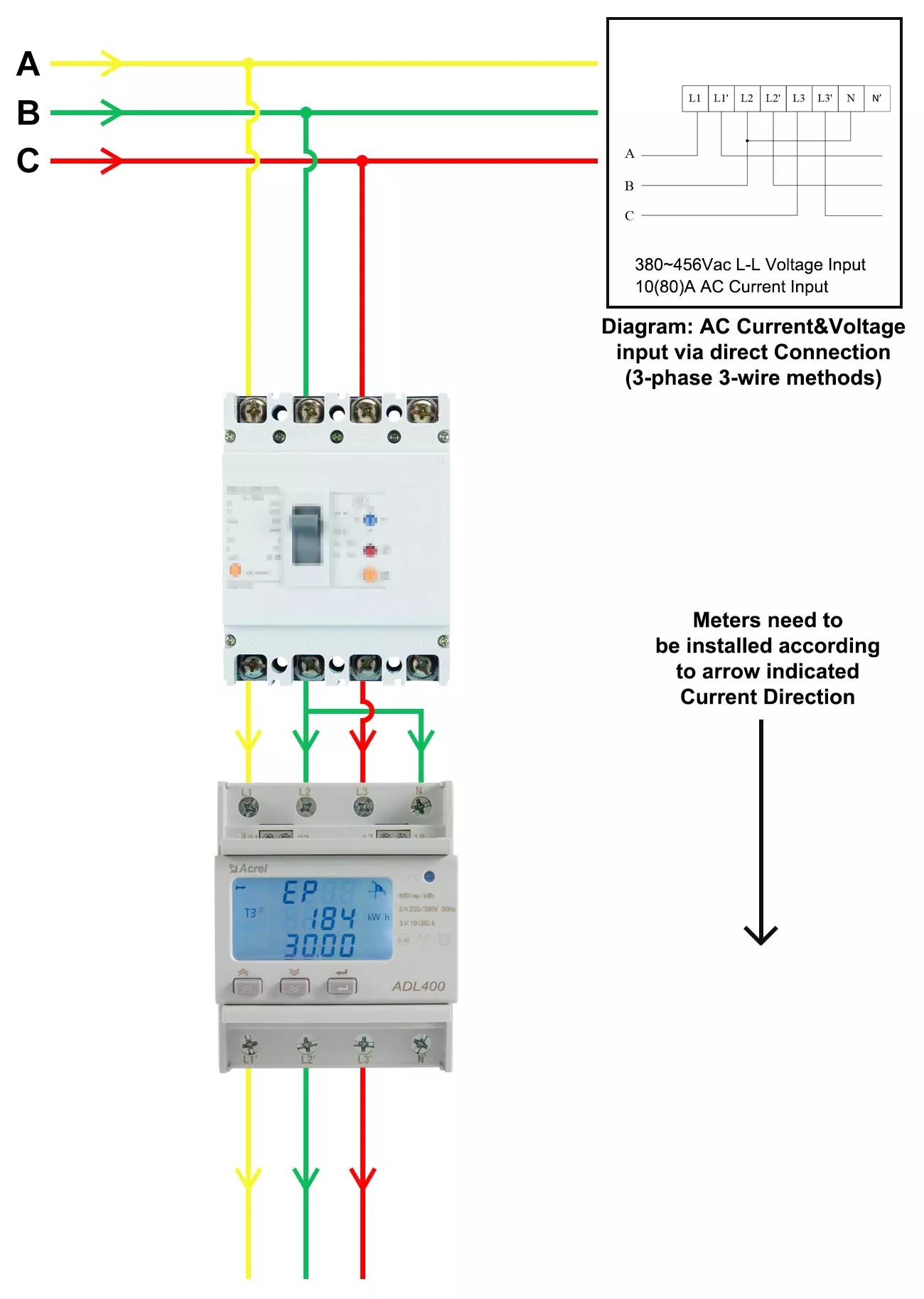 ADL400 - wiring - 3-phase 3-wire via direct connect_副本